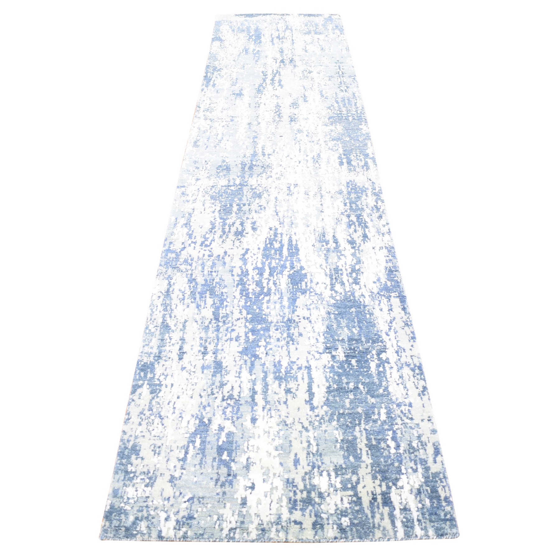 2'7"x12'2" Shades of Blue Hand Knotted Abstract Design Wool and Real Silk Runner Oriental Rug 